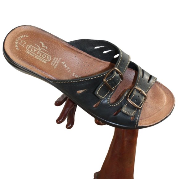 Fly Flot Shoes - Fly Flot Dana Anatomic Anti-Shock Black Leather Slip-On Sandal, Size 42 (US 9.5)
